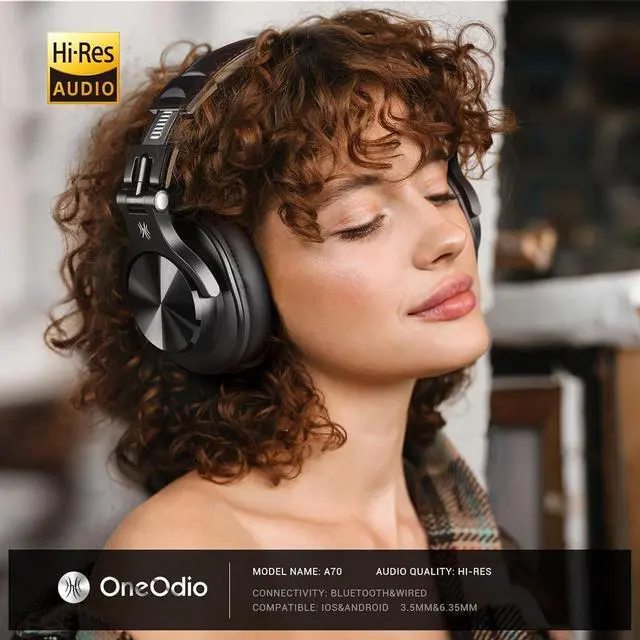 Alt view image 2 of 7 - OneOdio A70 Bluetooth Over Ear Headphones, Wireless Headphones with 72H Playtime, Hi-Res, 3.5mm/6.35mm Wired Audio Jack for Studio Monitor & Mixing DJ Guitar AMP, Computer Laptop PC Tablet - Black