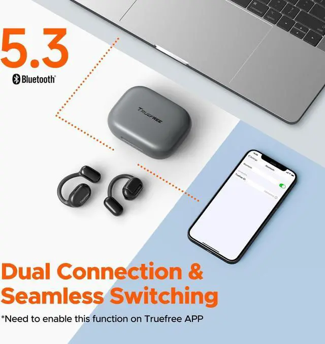 Alt view image 7 of 7 - Truefree Open Ear Bluetooth 5.3 Headphones, Wireless Earbuds with Earhooks, ENC Noise-Cancellation, Immersive Stereo Sound by 16.2mm Driver,4 Mics Clear Calls, 45H Playtime, for Workout, APP Control