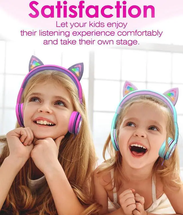 Alt view image 7 of 7 - FosPower Kids Headphones with LED Cat Ears (Safe Volume Limit 85 dB), 3.5mm On-Ear Wired Headphones with Laced Tangle-Free Cables for Boys/Girls/School/Travel - Hot Pink/Purple
