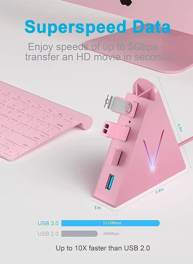 Alt view image 2 of 7 - JoyReken 4-Port USB 3.0 Hub, FlyingVHUB Vertical Data USB Hub with 2 ft Extended Cable, for Mac, PC, Xbox One, PS4, PS5, iMac, Surface Pro, XPS, Laptop, Desktop, Flash Drive, Mobile HDD(Pink)