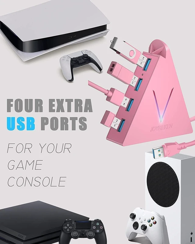 Alt view image 3 of 7 - JoyReken 4-Port USB 3.0 Hub, FlyingVHUB Vertical Data USB Hub with 2 ft Extended Cable, for Mac, PC, Xbox One, PS4, PS5, iMac, Surface Pro, XPS, Laptop, Desktop, Flash Drive, Mobile HDD(Pink)