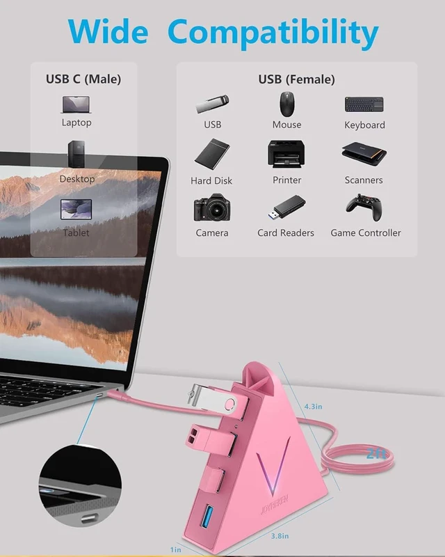 Alt view image 4 of 7 - JoyReken 4-Port USB 3.0 Hub, FlyingVHUB Vertical Data USB Hub with 2 ft Extended Cable, for Mac, PC, Xbox One, PS4, PS5, iMac, Surface Pro, XPS, Laptop, Desktop, Flash Drive, Mobile HDD(Pink)
