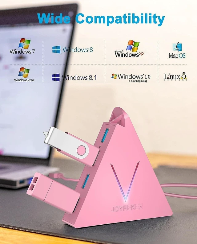 Alt view image 6 of 7 - JoyReken 4-Port USB 3.0 Hub, FlyingVHUB Vertical Data USB Hub with 2 ft Extended Cable, for Mac, PC, Xbox One, PS4, PS5, iMac, Surface Pro, XPS, Laptop, Desktop, Flash Drive, Mobile HDD(Pink)