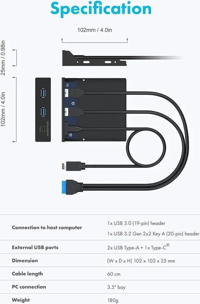 Alt view image 7 of 7 - GRAUGEAR 3.5 Inch Front Panel USB Hub, Internal USB Hub with 20Gbps USB3.2 Gen2 USB-C and USB 3.0 Ports, USB3.2 Type-E Key-A 20-Pin Header & USB3.0 Header Required, Fits 3.5" PC Computer Case [G-MP01]