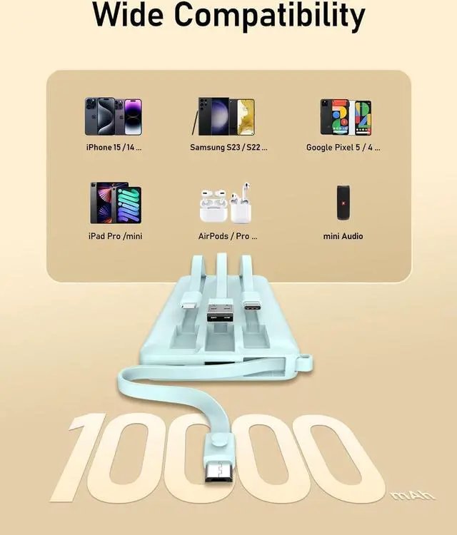 Alt view image 6 of 7 - VEEKTOMX Portable Charger with Built-in Cables, Slim 10000mAh Power Bank for iPhone, USB C Battery Bank Fast Charging, Travel Essential Battery Pack Power Bank for iPhone 15/14, Samsung, Android, etc