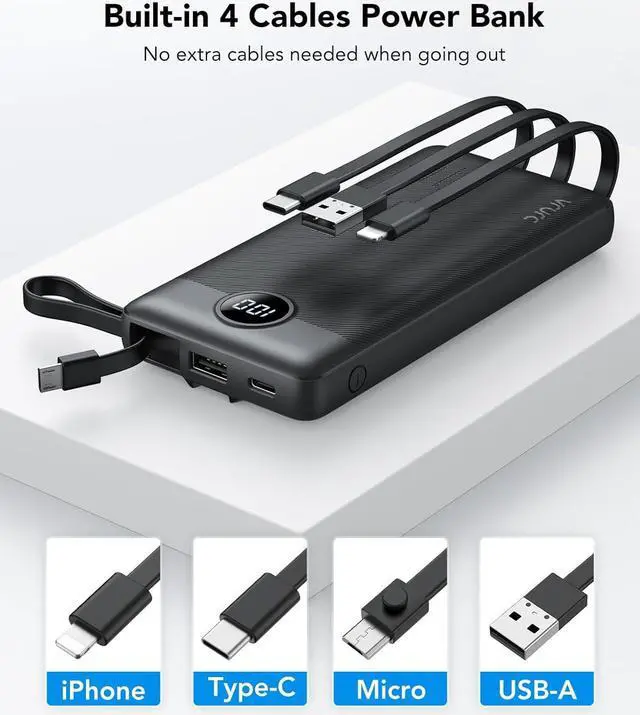 Alt view image 2 of 7 - Portable Charger 10000mAh with Built in Cables, USB C Power Bank Ultra Slim 5 Output 2 Input LED Display VRURC External Battery Pack Phone Charger Compatible with iPhone,Samsung Cell Phones, Black