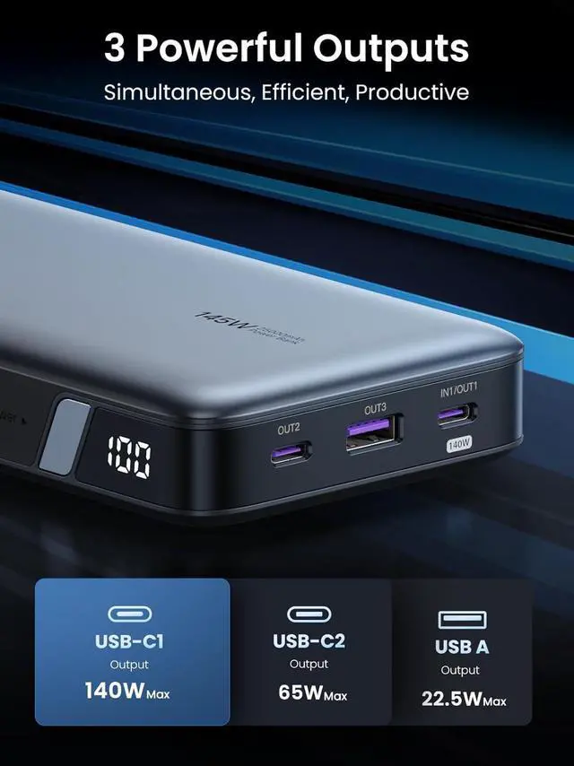 Alt view image 6 of 7 - Power Bank 25 000mAh 145W Laptop Portable Charger Nexode 3-Port USB C PD Battery Pack for MacBook Pro/Air  XPS iPhone 16/15/14 Galaxy S24 Steam Deck iPad and More