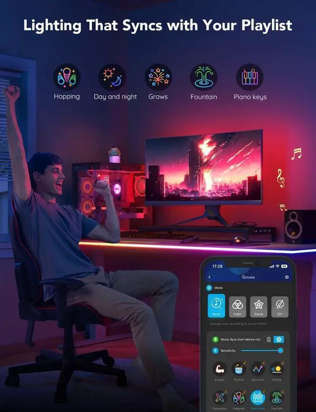 Alt view image 7 of 7 - RGBIC Gaming Lights, 10ft Neon Rope Lights Soft Lighting for Gaming Desks, LED Strip Lights Syncing with Razer Chroma, Support Cutting, Smart App Control, Music Sync, Adapter (Only 2.4G Wi-Fi)