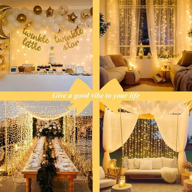 Alt view image 4 of 7 - JMEXSUSS Remote Control Curtain Lights Plug in,Valentines Lights,300 LED Window Curtain String Light for Wedding Party Backdrop Garden Bedroom Outdoor Indoor Wall Hanging(Warm White)
