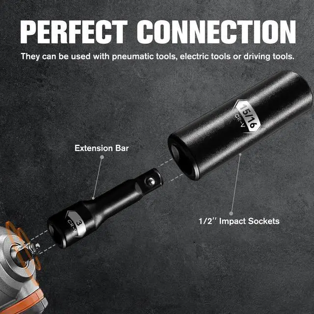 Alt view image 4 of 7 - PGROUP 3/8 Inch Drive Deep Impact Socket Set, 15-Piece 6 Point Standard SAE Sizes(1/4-Inch to 1"),Includes 3", 6"Impact Extension Bars,Cr-V Steel Socket Set with Heavy Duty Storage Case
