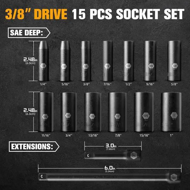 Alt view image 5 of 7 - PGROUP 3/8 Inch Drive Deep Impact Socket Set, 15-Piece 6 Point Standard SAE Sizes(1/4-Inch to 1"),Includes 3", 6"Impact Extension Bars,Cr-V Steel Socket Set with Heavy Duty Storage Case