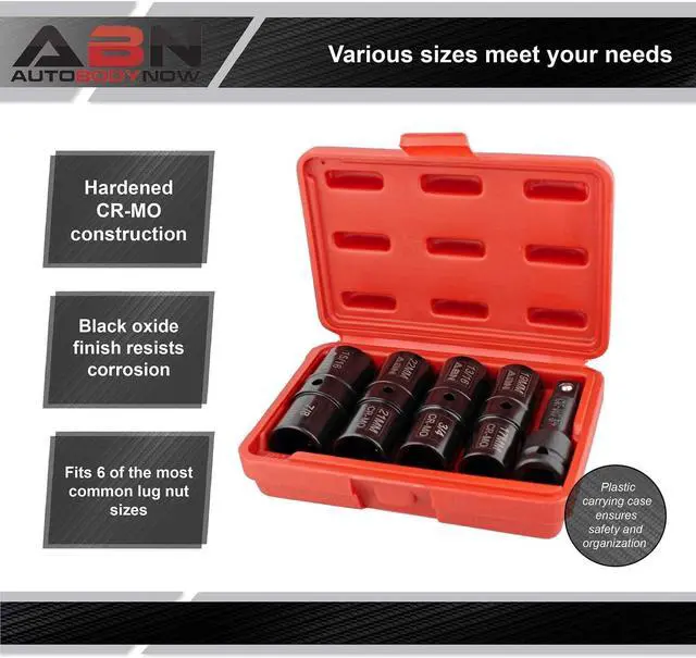Alt view image 4 of 7 - ABN Double Side Lug Nut Socket Set, 5Pc - 1/2-Inch Drive Flip Impact Sockets Lug Nut Extractor Set Reversible Sockets