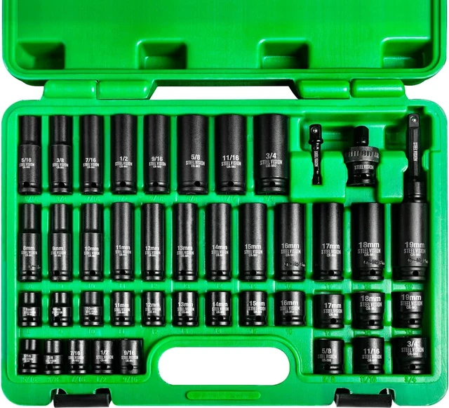 Main image of Steel Vision 3/8" Drive Impact Socket Set, 43 Pieces Standard SAE (5/16-3/4 inch) and Metric (8-19 mm), include 3" Extension Bar, Universal Joint, 1/4" Hex Drill Socket, 6 Point CR-MO Steel Socket Set