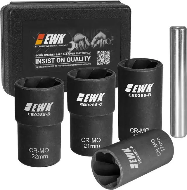 Main image of EWK 5 Pcs Metric Lug Nut & Bolt Remover Extractor Twist Socket Set with Drift Punch Bar