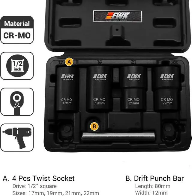 Alt view image 2 of 6 - EWK 5 Pcs Metric Lug Nut & Bolt Remover Extractor Twist Socket Set with Drift Punch Bar