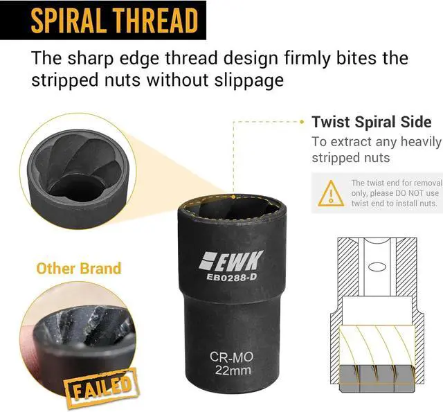 Alt view image 3 of 6 - EWK 5 Pcs Metric Lug Nut & Bolt Remover Extractor Twist Socket Set with Drift Punch Bar