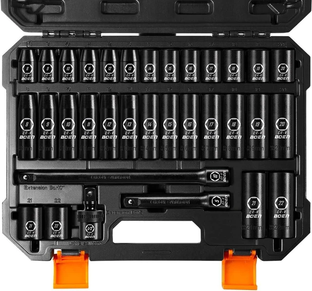 Main image of BOEN 1/2" Drive Impact Socket Set, 33 Piece Deep & Shallow Metric Socket Set 8mm to 22mm, Includes 5", 10" Extension Bars, Universal Joint, 6 Point Design, Cr-V Steel, Meets ANSI Standards