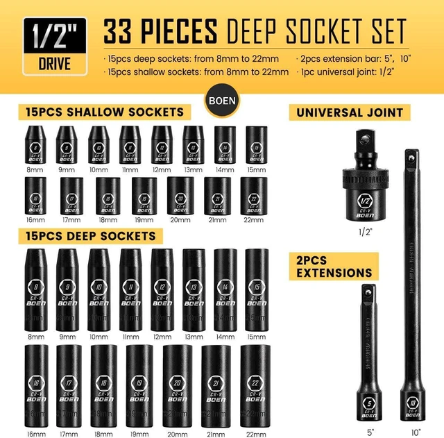 Alt view image 2 of 7 - BOEN 1/2" Drive Impact Socket Set, 33 Piece Deep & Shallow Metric Socket Set 8mm to 22mm, Includes 5", 10" Extension Bars, Universal Joint, 6 Point Design, Cr-V Steel, Meets ANSI Standards