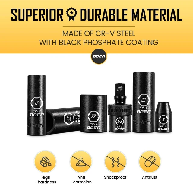 Alt view image 4 of 7 - BOEN 1/2" Drive Impact Socket Set, 33 Piece Deep & Shallow Metric Socket Set 8mm to 22mm, Includes 5", 10" Extension Bars, Universal Joint, 6 Point Design, Cr-V Steel, Meets ANSI Standards