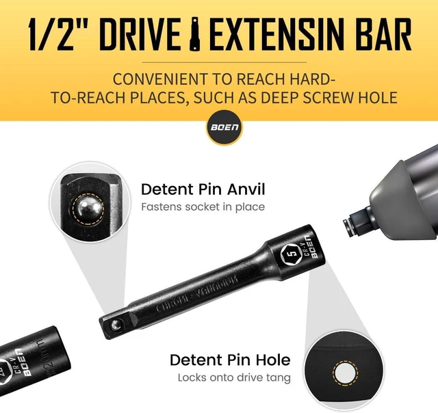 Alt view image 5 of 7 - BOEN 1/2" Drive Impact Socket Set, 33 Piece Deep & Shallow Metric Socket Set 8mm to 22mm, Includes 5", 10" Extension Bars, Universal Joint, 6 Point Design, Cr-V Steel, Meets ANSI Standards