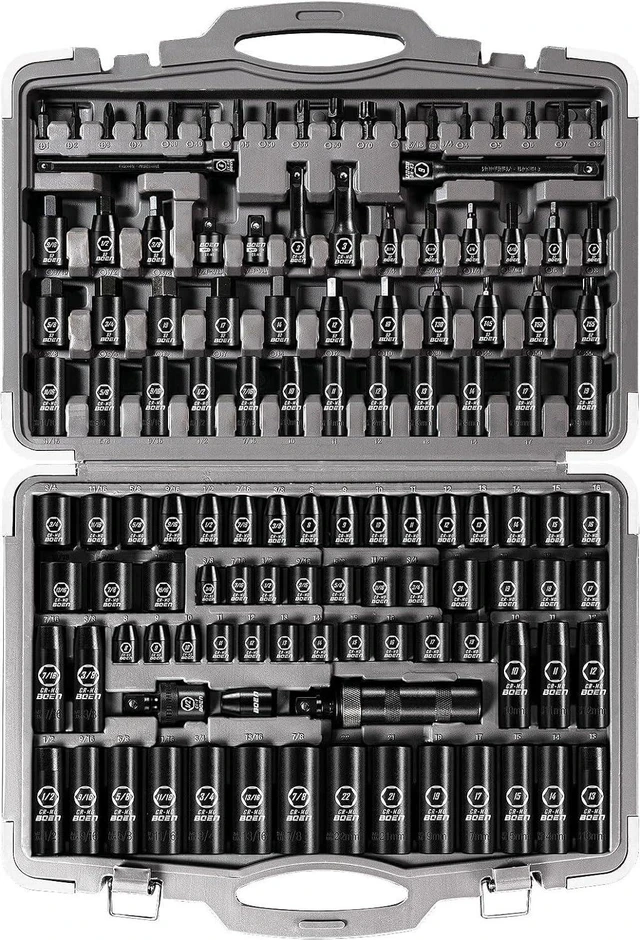 Main image of BOEN 119 Piece Impact Socket Set, 1/2" Drive & 3/8" Drive Socket Set Deep/Shallow SAE/Metric, Cr-MO & S2, 6 Point, includes Impact Bit, Bit Sockets, Extension Bars, Universal Joint, Adapter and More