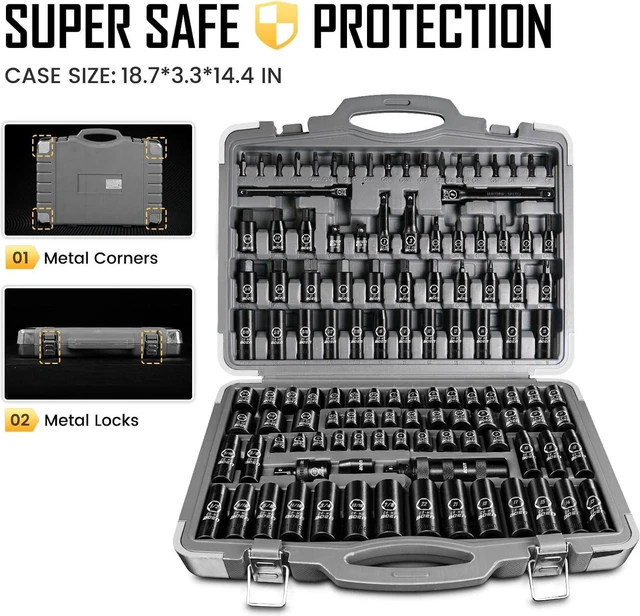 Alt view image 6 of 7 - BOEN 119 Piece Impact Socket Set, 1/2" Drive & 3/8" Drive Socket Set Deep/Shallow SAE/Metric, Cr-MO & S2, 6 Point, includes Impact Bit, Bit Sockets, Extension Bars, Universal Joint, Adapter and More