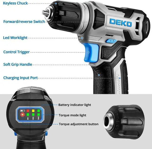 Alt view image 2 of 7 - DEKO 8V Cordless Drill, Drill Set with 3/8"Keyless Chuck, Built-in LED, Type-C Charge Cable, 42pcs Acessories, Power Drill for Drilling and Tightening/Loosening Screws