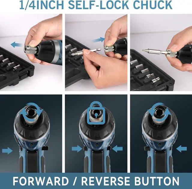 Alt view image 5 of 7 - Cordless Electric Screwdriver Set 6+1 Torque Gears 1/4 Hex Self-Lock Chuck 4V Small Rechargeable Screwdriver with 11 pcs Accessories Flashlight Charger Blue