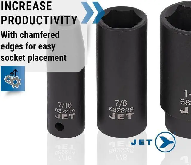 Alt view image 4 of 7 - JET 1/2 Inch Drive Impact Socket Set - 6 Point Professional Impact Sockets - Deep SAE - 13 Pieces