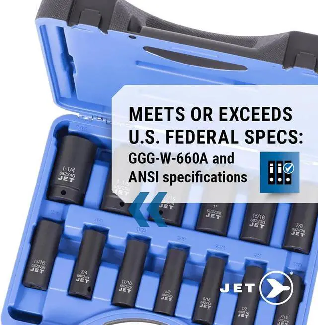 Alt view image 6 of 7 - JET 1/2 Inch Drive Impact Socket Set - 6 Point Professional Impact Sockets - Deep SAE - 13 Pieces