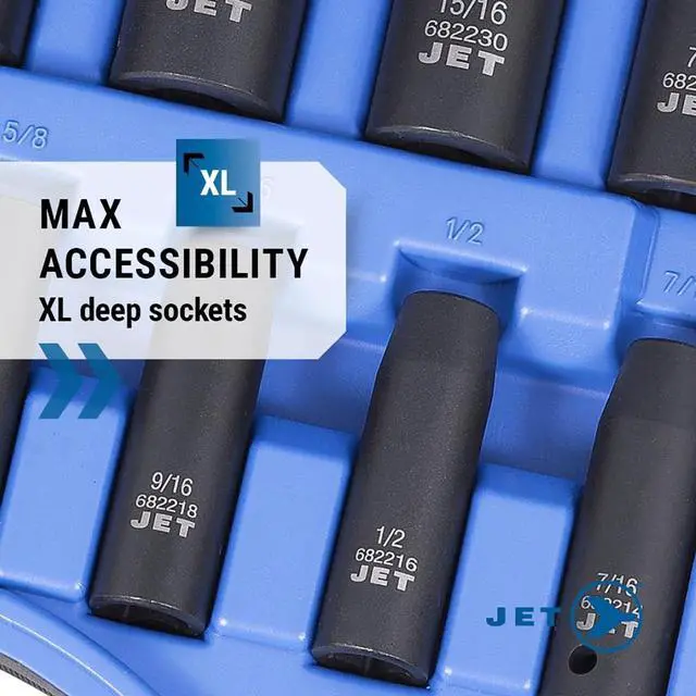 Alt view image 5 of 7 - JET 1/2 Inch Drive Impact Socket Set - 6 Point Professional Impact Sockets - Deep SAE - 13 Pieces