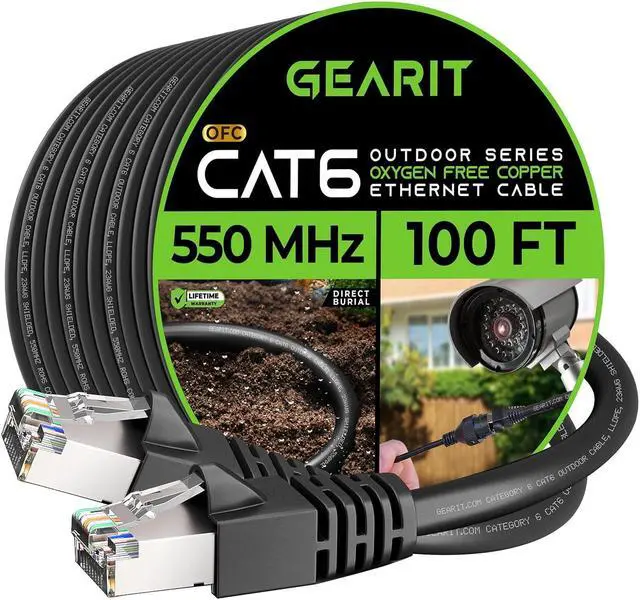 Main image of GearIT Cat6 Outdoor Cable - 100ft Waterproof Direct Burial 23AWG Cat 6 Ethernet - FTP Foil Twisted Pair, Shielded, LLDPE Waterproof and UV Resistant