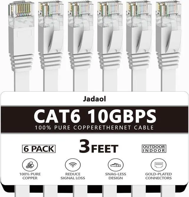 Main image of Cat 6 Ethernet Cable 3 Ft (6Pack), Outdoor&Indoor, 10Gbps Support Cat 7 Network, Heavy Duty Flat Internet LAN Patch Cord, High Speed Weatherproof Cable for Router, Modem, Xbox, PS4, Switch, White