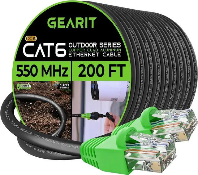 Main image of GearIT Cat6 Outdoor Ethernet Cable (200 Feet) CCA Copper Clad, Waterproof, Direct Burial, In-Ground, UV Jacket, POE, Network, Internet, Cat 6, Cat6 Cable - 200ft