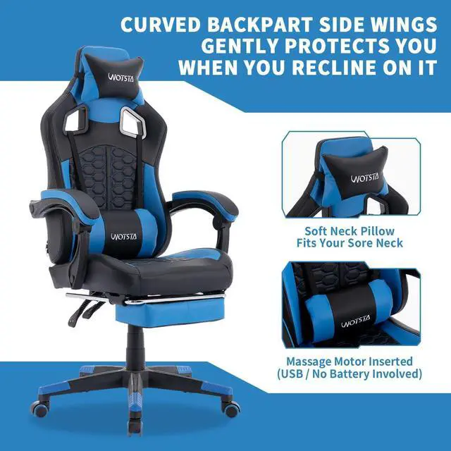 Alt view image 3 of 7 - WOTSTA Gaming Chair with Footrest,High Back Gamer Chair with Massage Reclining Computer Chair Big and Tall Racing Gaming Chair Ergonomic Game Chair for Adults PVC Leather (Blue)