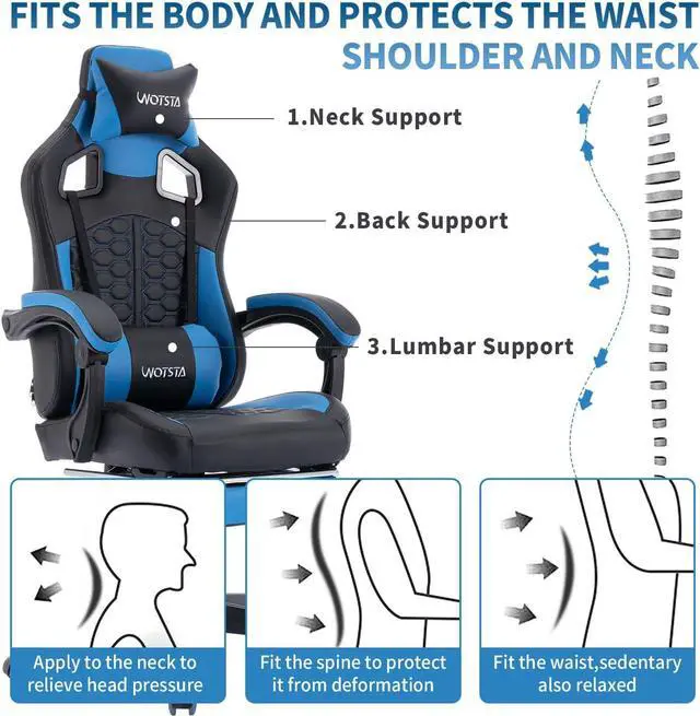 Alt view image 4 of 7 - WOTSTA Gaming Chair with Footrest,High Back Gamer Chair with Massage Reclining Computer Chair Big and Tall Racing Gaming Chair Ergonomic Game Chair for Adults PVC Leather (Blue)