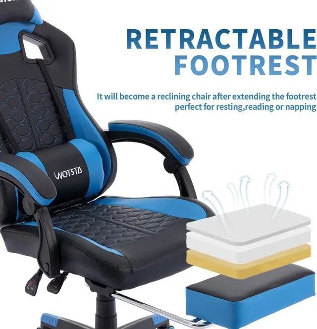 Alt view image 6 of 7 - WOTSTA Gaming Chair with Footrest,High Back Gamer Chair with Massage Reclining Computer Chair Big and Tall Racing Gaming Chair Ergonomic Game Chair for Adults PVC Leather (Blue)