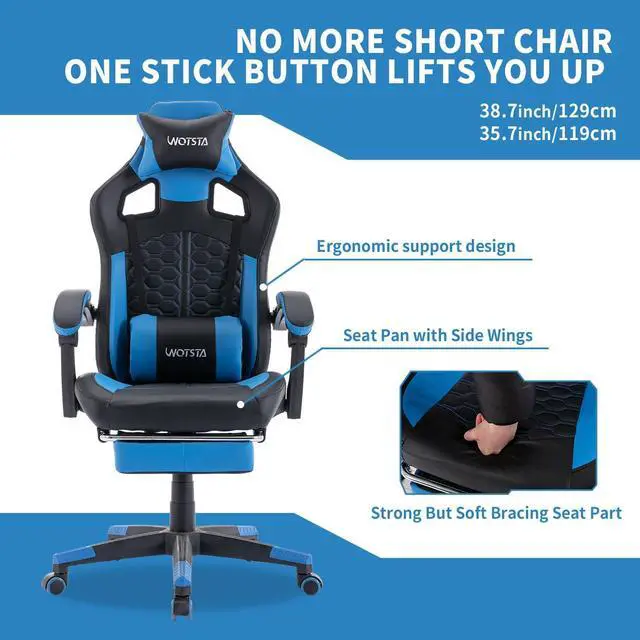 Alt view image 7 of 7 - WOTSTA Gaming Chair with Footrest,High Back Gamer Chair with Massage Reclining Computer Chair Big and Tall Racing Gaming Chair Ergonomic Game Chair for Adults PVC Leather (Blue)