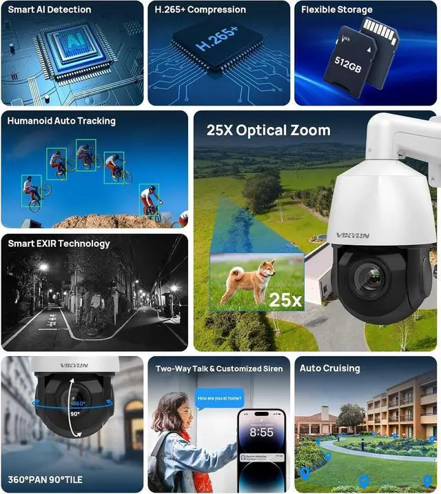 Alt view image 2 of 7 - Outdoor 4K 8MP Auto Tracking PTZ PoE IP Camera, Pan Tilt 25x Optical Zoom 4.4-110mm Lens with Human/Vehicle Detection, 2-Way Talk,Auto Cruise,328ft IR,IP66,SD(512GB)