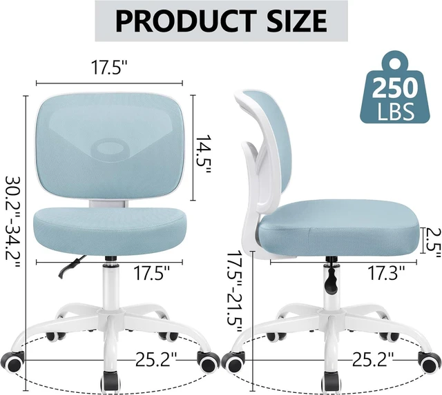 Alt view image 3 of 7 - Primy Desk Office Chair Armless, Home Office Desk Chair Adjustable Height, Mid-back Ergonomic Desk Chair Breathable Mesh Desk Chairs with Wheels for Office Bedroom Studying Room(Light Blue)