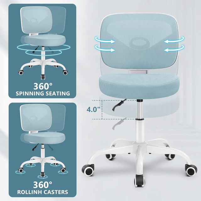 Alt view image 4 of 7 - Primy Desk Office Chair Armless, Home Office Desk Chair Adjustable Height, Mid-back Ergonomic Desk Chair Breathable Mesh Desk Chairs with Wheels for Office Bedroom Studying Room(Light Blue)
