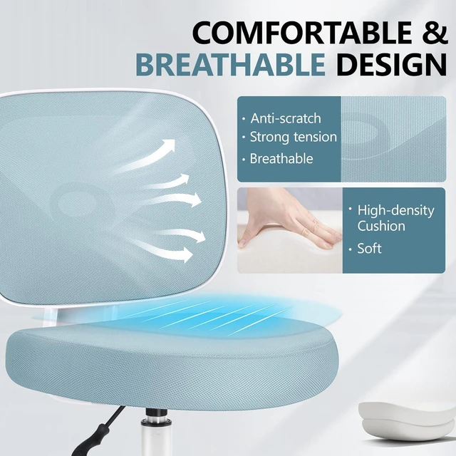 Alt view image 5 of 7 - Primy Desk Office Chair Armless, Home Office Desk Chair Adjustable Height, Mid-back Ergonomic Desk Chair Breathable Mesh Desk Chairs with Wheels for Office Bedroom Studying Room(Light Blue)