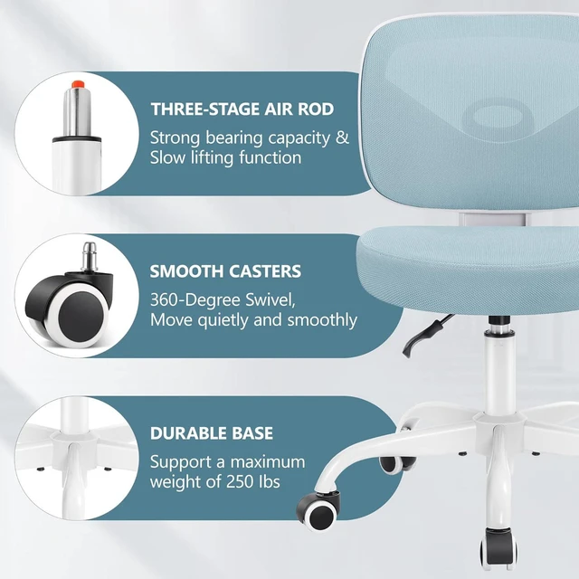 Alt view image 7 of 7 - Primy Desk Office Chair Armless, Home Office Desk Chair Adjustable Height, Mid-back Ergonomic Desk Chair Breathable Mesh Desk Chairs with Wheels for Office Bedroom Studying Room(Light Blue)