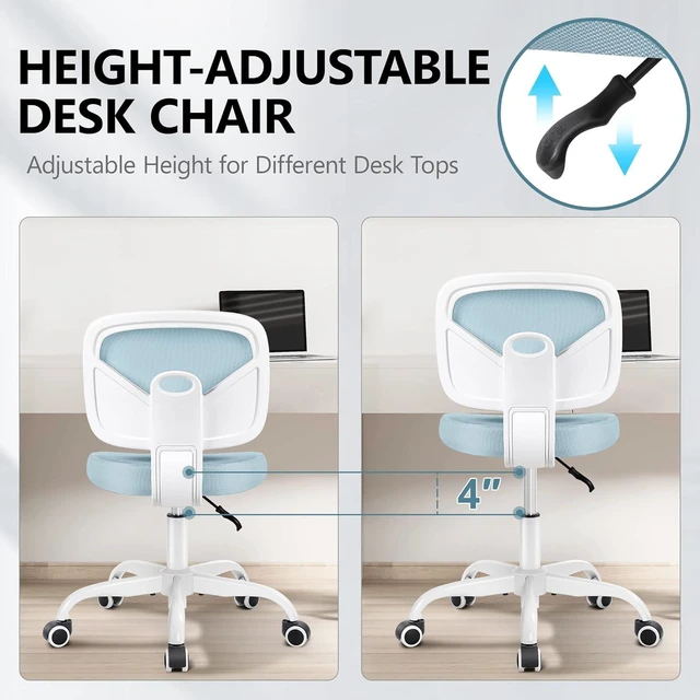 Alt view image 6 of 7 - Primy Desk Office Chair Armless, Home Office Desk Chair Adjustable Height, Mid-back Ergonomic Desk Chair Breathable Mesh Desk Chairs with Wheels for Office Bedroom Studying Room(Light Blue)