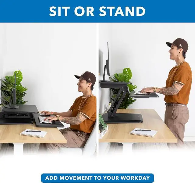 Alt view image 3 of 7 - Compact Standing Desk Converter, Tabletop Stand Up Riser, Height Adjusts from 5" to 17", Top Platform 23.6" Wide, Keyboard Tray 26.7", Gas Sp Small Topper Sit in Black by DT