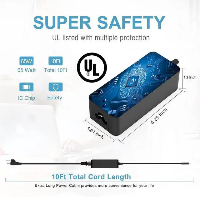 Alt view image 5 of 5 - 65W 45W Charger Fit for Lenovo Thinkbook 14 14s 16 15 13x 13s Plus G1 G2 G3 G4 G4+ G6 G7 Laptop, UL Certified Safety, USB C Power Supply Adapter