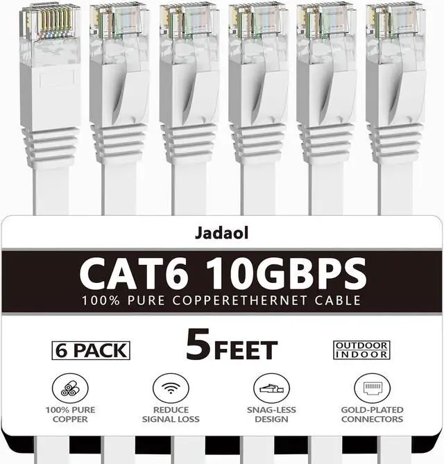 Main image of Cat 6 Ethernet Cable 5 Ft (6Pack), Outdoor&Indoor, 10Gbps Support Cat 7 Network, Heavy Duty Flat Internet LAN Patch Cord, High Speed Weatherproof Cable for Router, Modem, Xbox, PS4, Switch, White