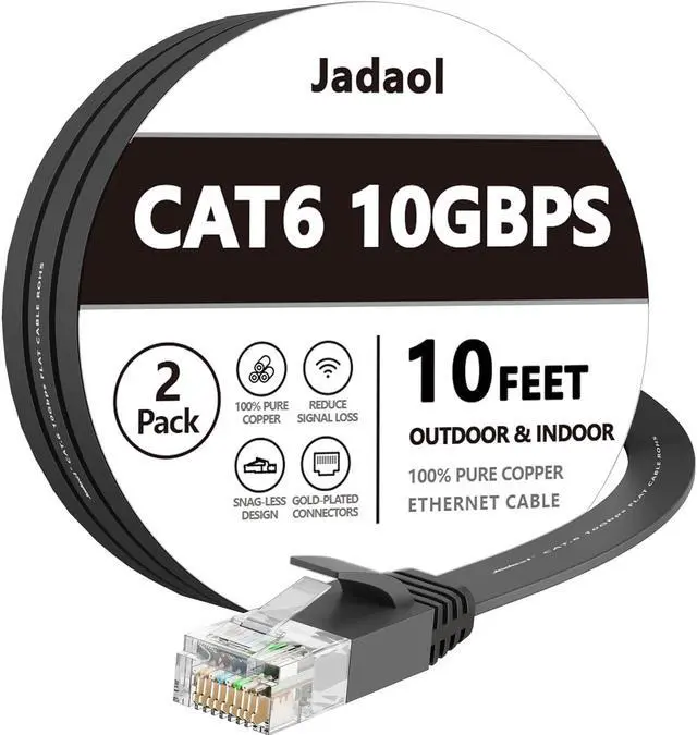 Main image of Cat 6 Ethernet Cable 10 Ft (2Pack), Outdoor&Indoor, 10Gbps Support Cat 7 Network, Heavy Duty Flat Internet LAN Patch Cord, High Speed Weatherproof Cable for Router, Modem, Xbox, PS4, Switch, Black