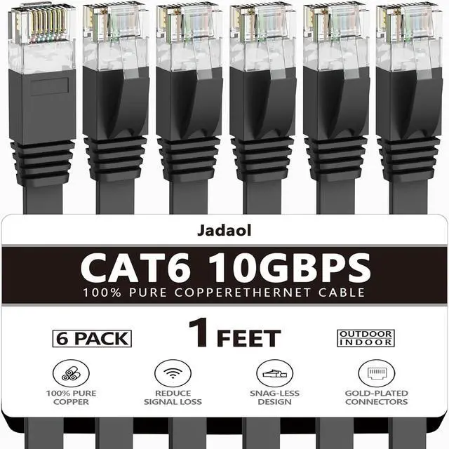 Main image of Cat 6 Ethernet Cable 1 Ft (6Pack), Outdoor&Indoor, 10Gbps Support Cat 7 Network, Heavy Duty Flat Internet LAN Patch Cord, High Speed Weatherproof Cable for Router, Modem, Xbox, PS4, Switch, Black