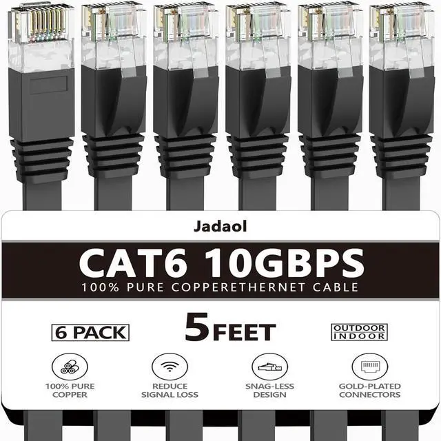 Main image of Cat 6 Ethernet Cable 5 Ft (6Pack), Outdoor&Indoor, 10Gbps Support Cat 7 Network, Heavy Duty Flat Internet LAN Patch Cord, High Speed Weatherproof Cable for Router, Modem, Xbox, PS4, Switch, Black